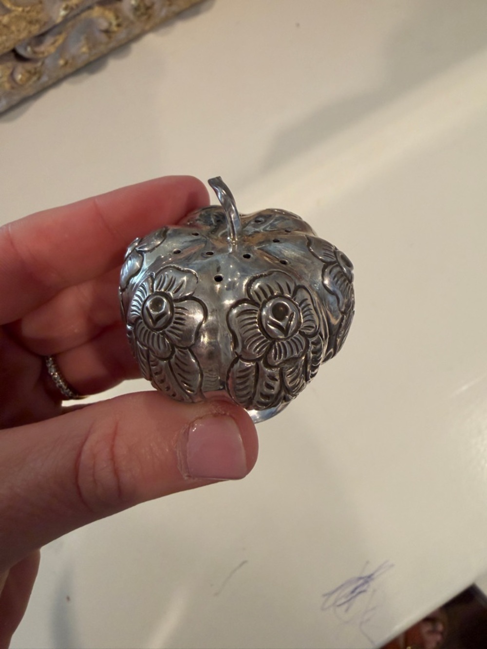 Silver antique salt shaker Floral Decorative Pumpkin Accent - Picture 2 of 6